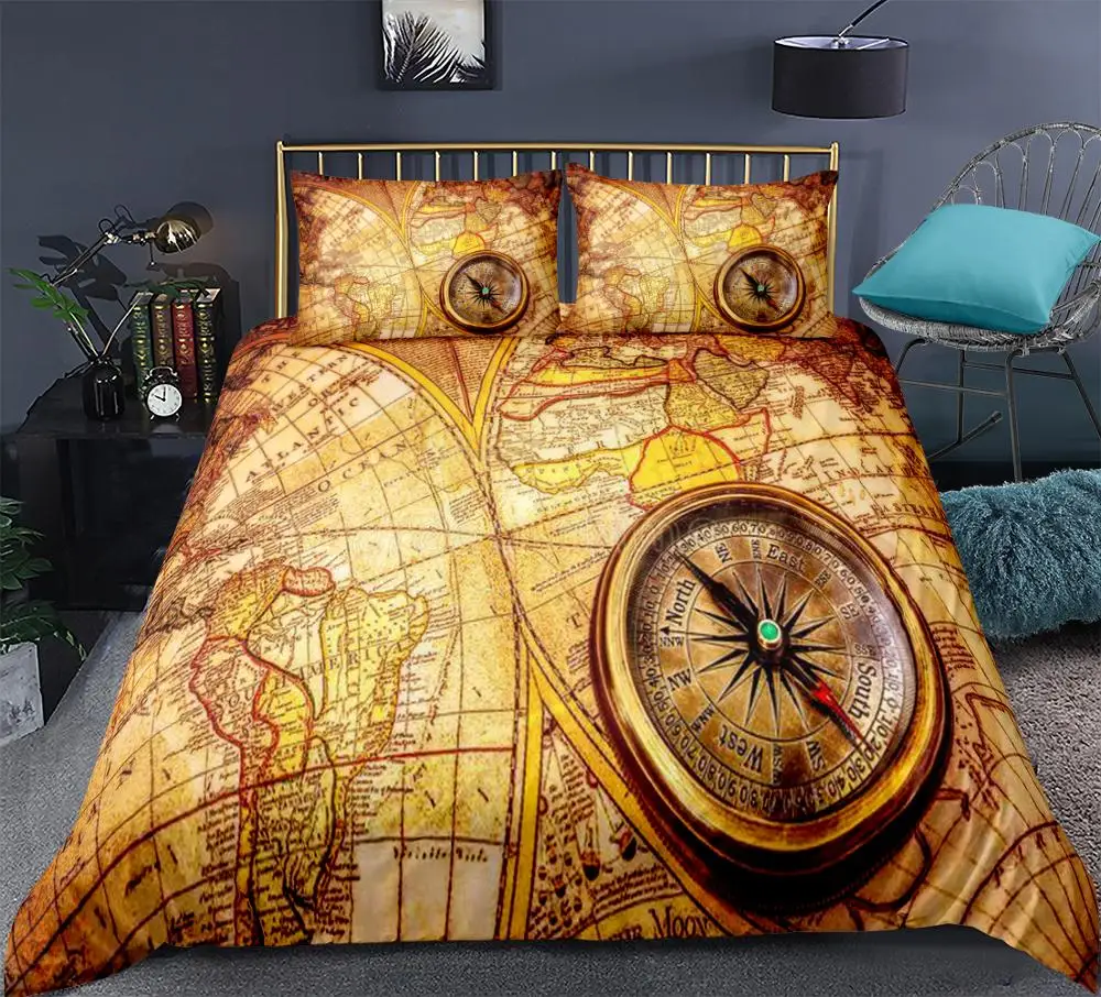 

World Map Bedding Set Compass Duvet Cover Set Vintage Style Queen Gold bedclothes with pillowcase for teen boyHome Textiles King