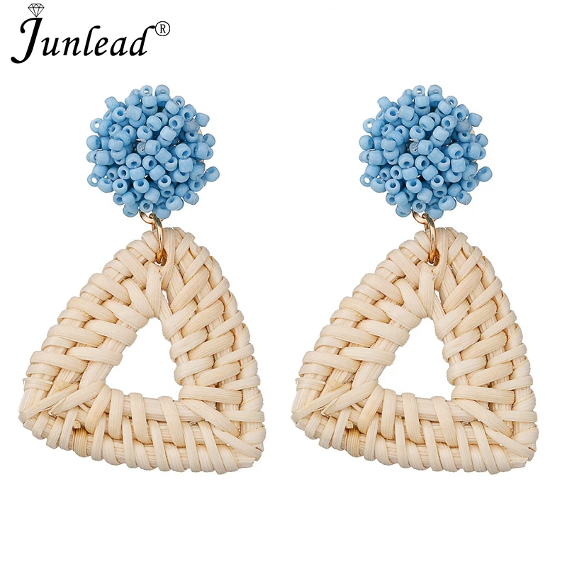 Junlead Wholesale Triangle Pendant Vintage Dangle Statement Earring Beaded Wooden Straw Weave Rattan Earrings For Female Bijoux | Украшения