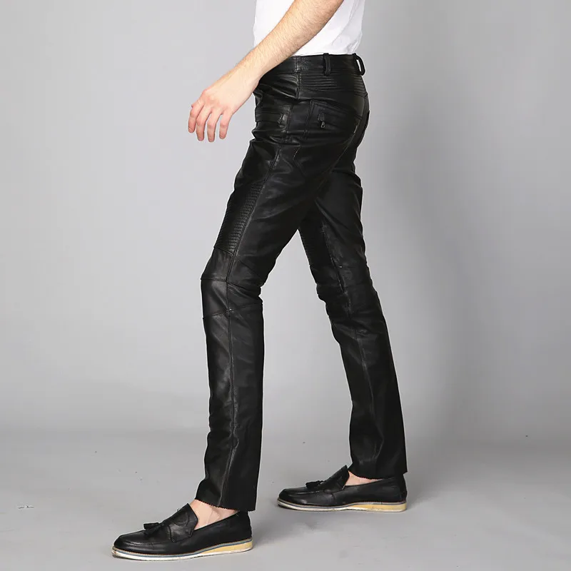 Повседневные Длинные мужские прямые узкие брюки карандаш из натуральной кожи