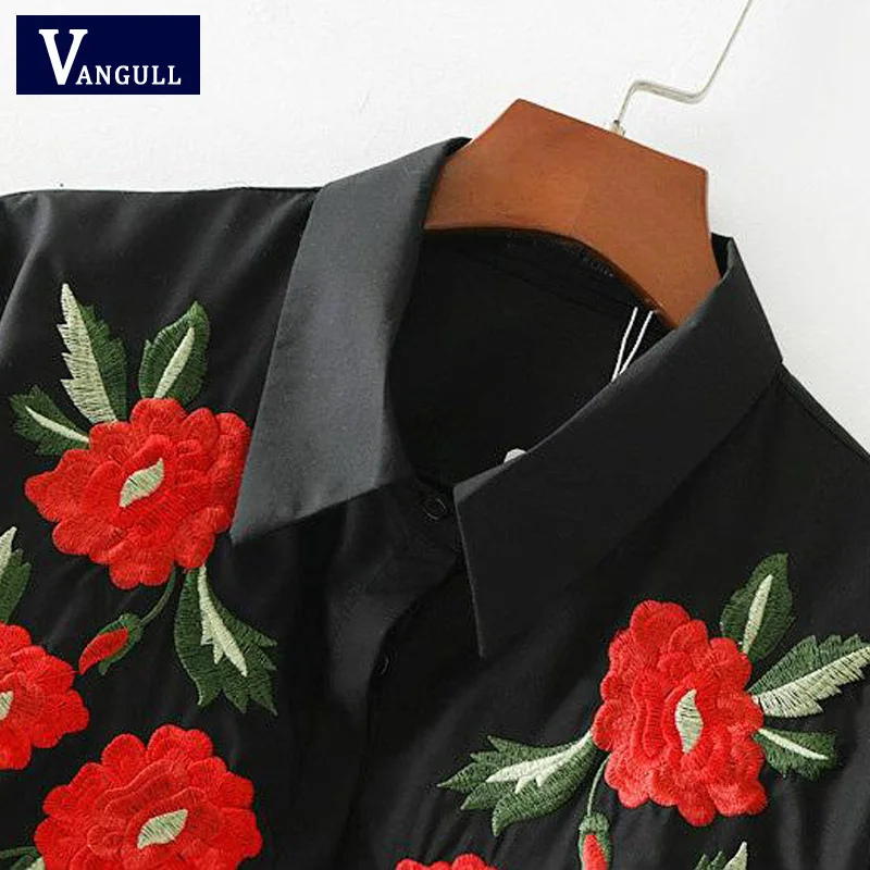Vangull Women Black Blouses Vintage Flower Embroidery Shirts 2018 New Cotton Long Sleeve Turn Down Collar Ladies Retro Tops |