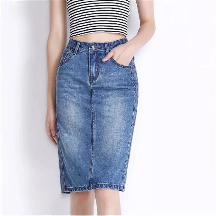 lt blue skirts Летняя женская одежда, джинсовая ткань, потертые юбки, ягодицы, Юбки До Колена, высокая талия, женские юбки, ковбойские однотонные - Цвет: lt blue skirts