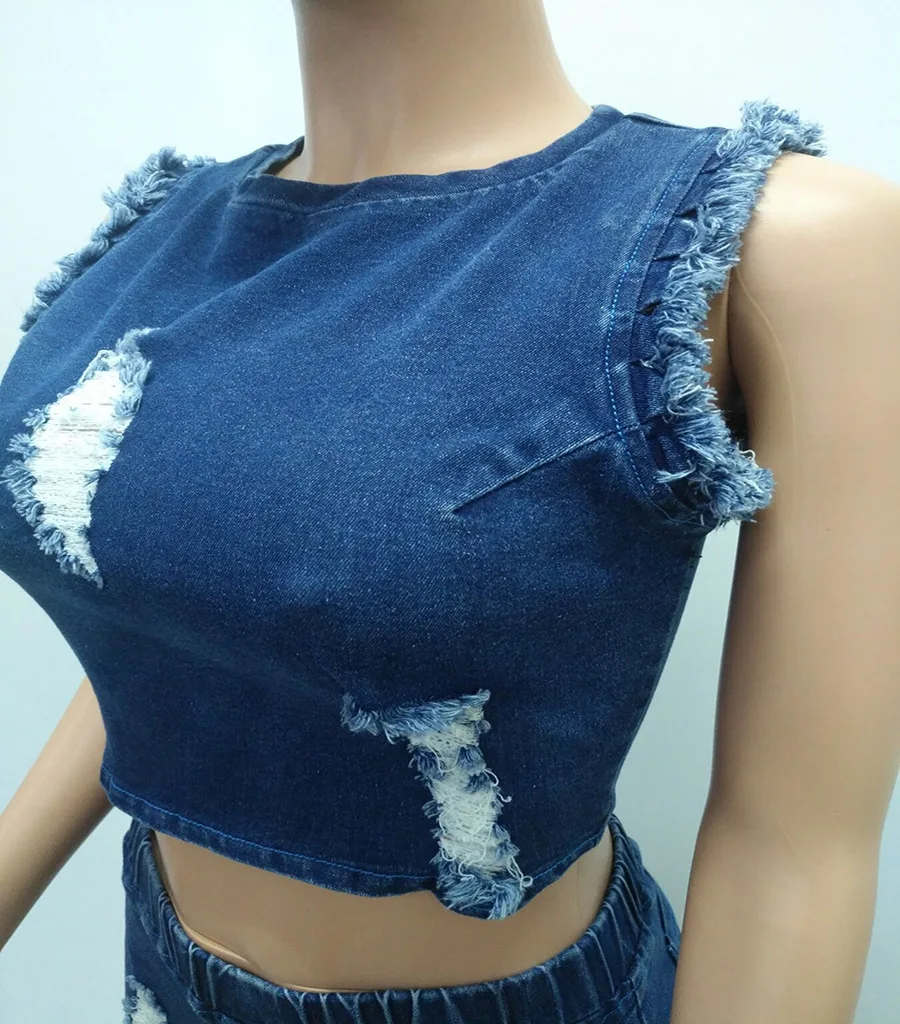 

Sexy Crop Top And Shorts Explosive Sanding Denim Sleeveless Shorts Women's Jeans Casual Two-Piece Suit