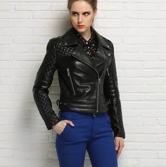 Fashion spring and autumn clothing sheepskin coats womens genuine leather jacket women jaqueta de couro turn-down collar black