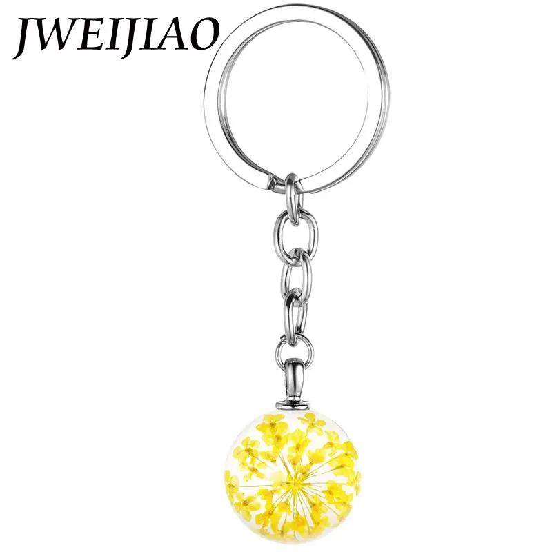 JWEIJIAO Модные женские и девичьи Изысканные Хрустальные смоляные стеклянные шары натуральные сухие брелоки в виде цветов кольцо с пряжкой для ключей ювелирное изделие GH18