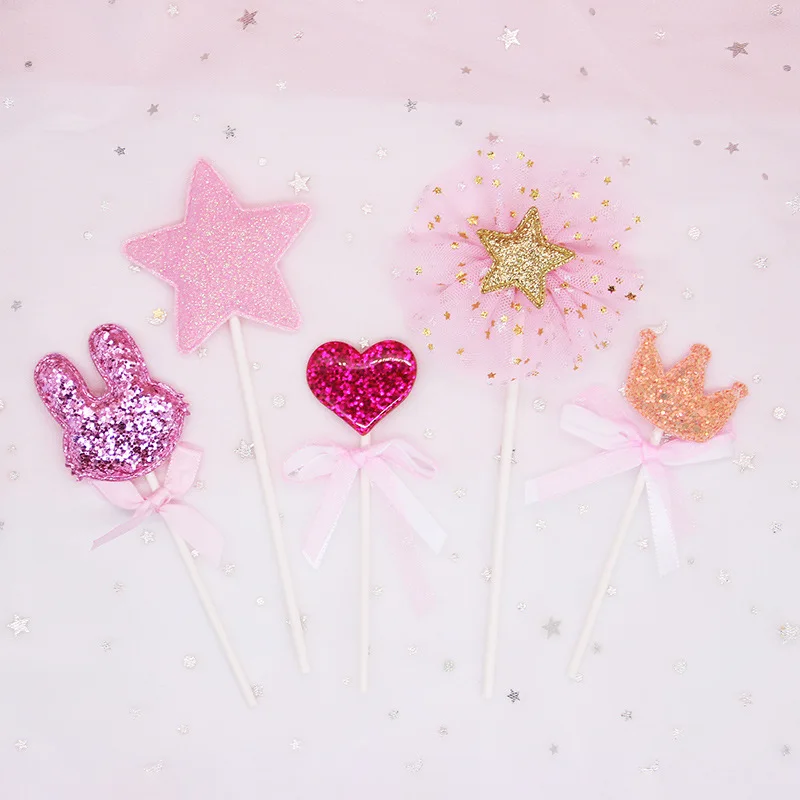 5Pcs Sequin Star Heart Crown Rabbit Birthday Cake Topper Cupcake Decoration Baby Shower Kids Party | Дом и сад