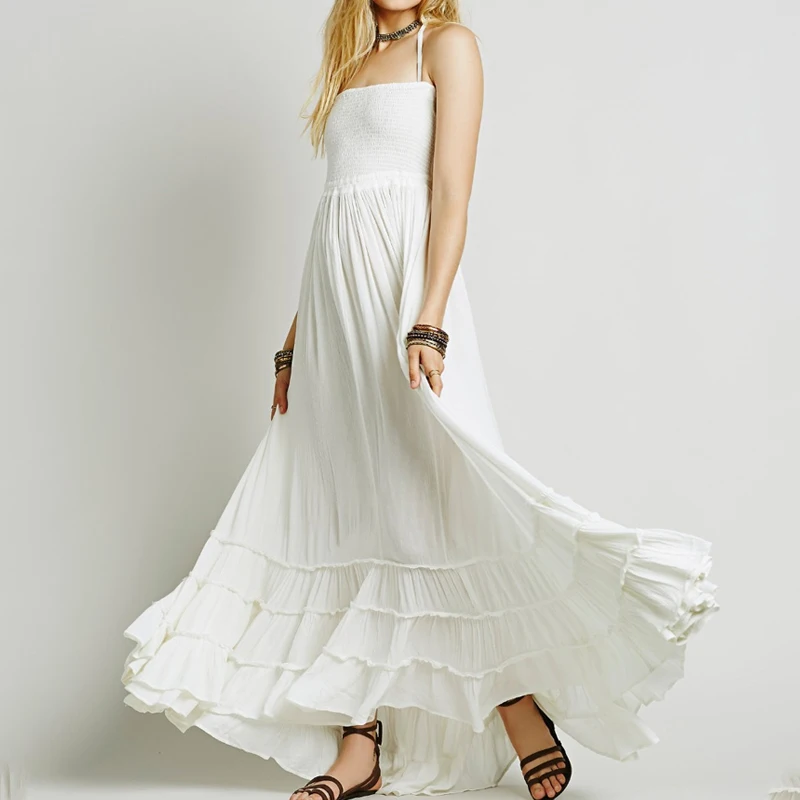 Женское винтажное платье макси на бретелях Boho длинное однотонное вечернее с