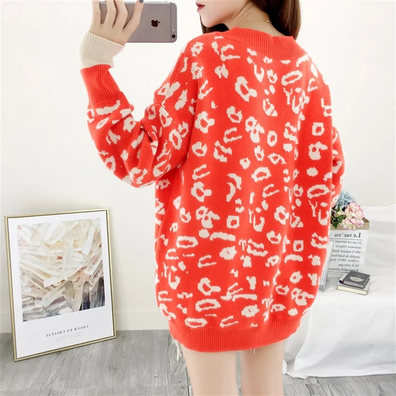 

V neck oversized sweater women autumn winter thick warm cashmere sweater women knitted pullovers ladies jumpers leopard sweaters