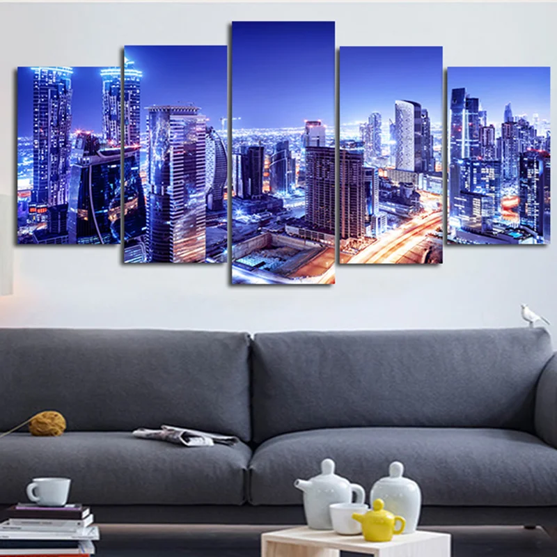 Настенная Картина на холсте с 5 плоскостями синие ночные городские современные