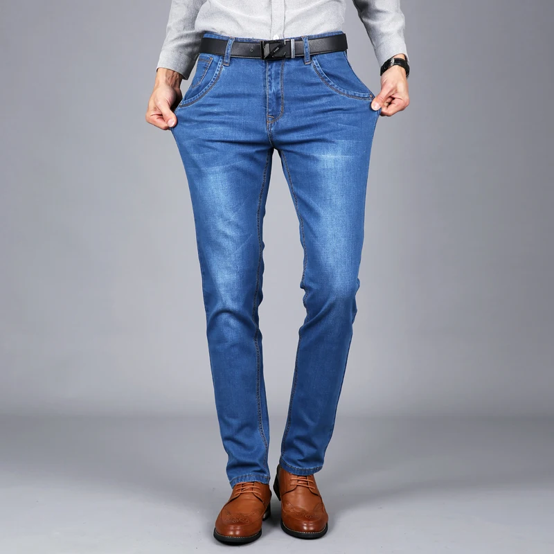 

2017 New Mens Stretch Jeans Summer Lightweight Thin Denim Black Blue Slim Fit Dress Jeans Blue Dark Blue Black Colors