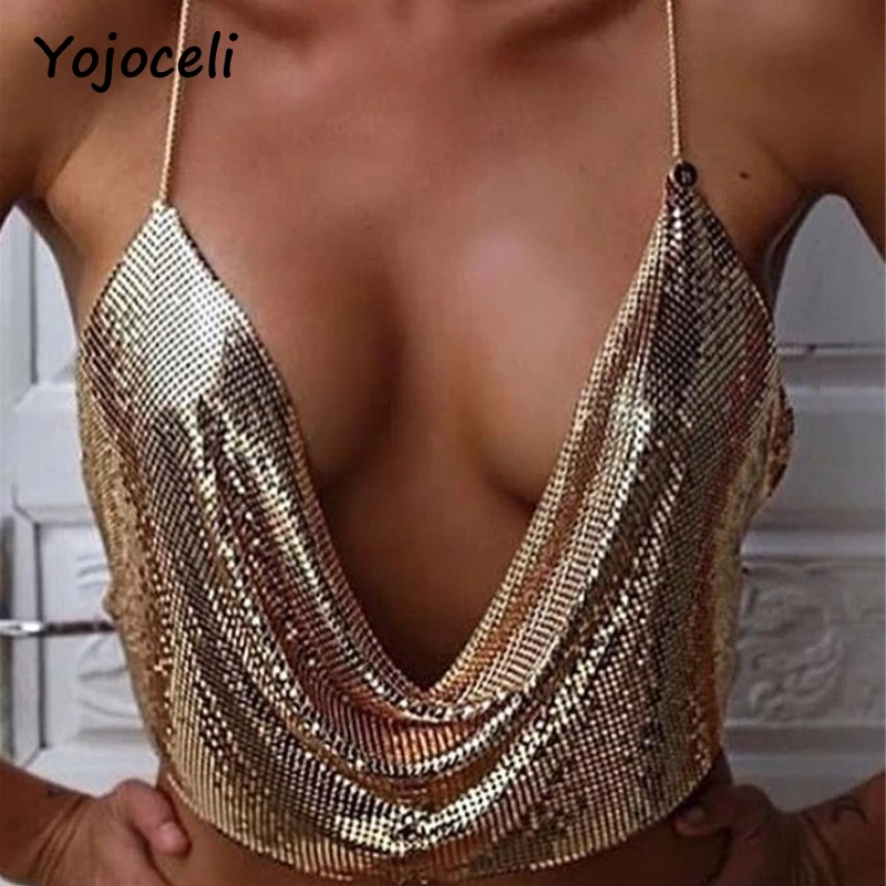 Yojoceli Bling Блестки Cami Top Для женщин Лето спинки укороченный Пляжный топ с глубоким v-образным вырезом на бретельках Топ