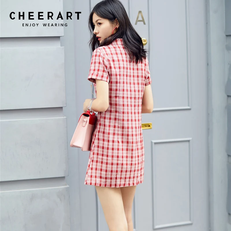 Cheerart Vintage Red Plaid Summer Dress Women Cotton Linen Button Up Lapel Bodycon Mini Robe Femme 2018 | Женская одежда
