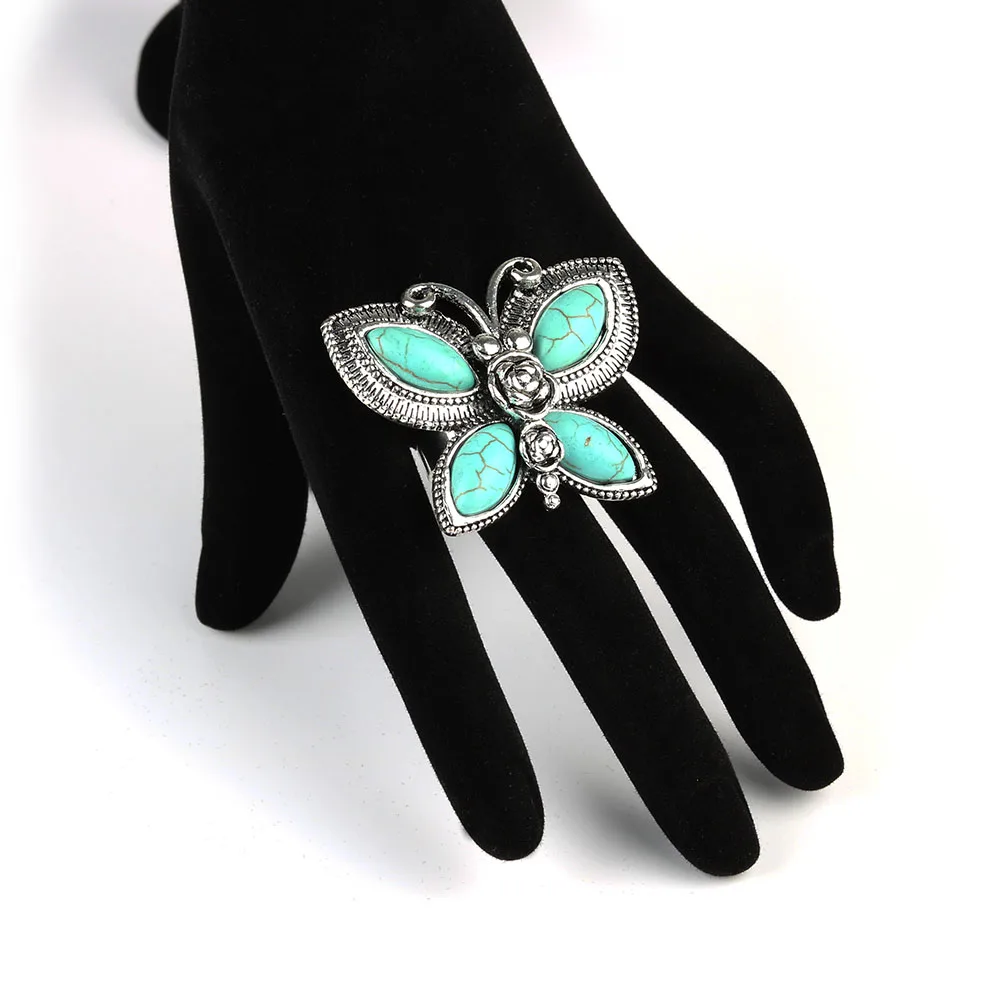 Парабола Большая Бабочка Shaped Создания Бирюзой Моде Кольца Серебро Цвет