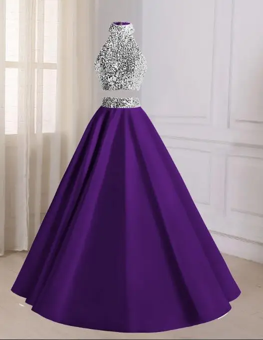 as the picture Королевские синие длинные элегантные платья для выпускного вечера vestido gala атласные Холтер бисером импортируемые Платья для вечеринок из двух частей платья для выпускного вечера - Цвет: as the picture