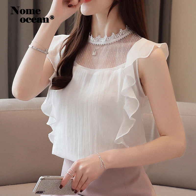 Sweet Embroidered Lace Patchwork Chiffon Blouses Ruffle Short Sleeve Shirt White Tops of Women Office Lady Top M19052627 |