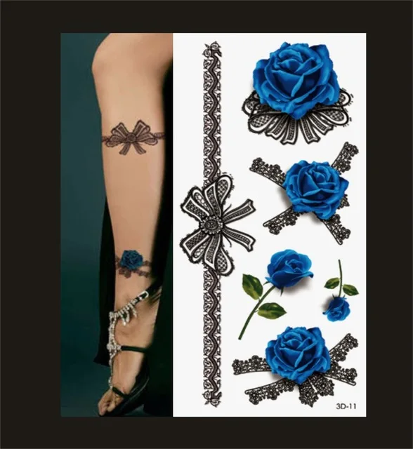 Fake Tattoo Sticker Sexy White Blue Rose Temporary Body Art Flash Stickers Waterproof Henna Tatoo Selfie For Women | Красота и