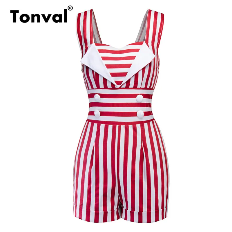 Женский винтажный комбинезон Tonval короткий в полоску на кнопках спереди