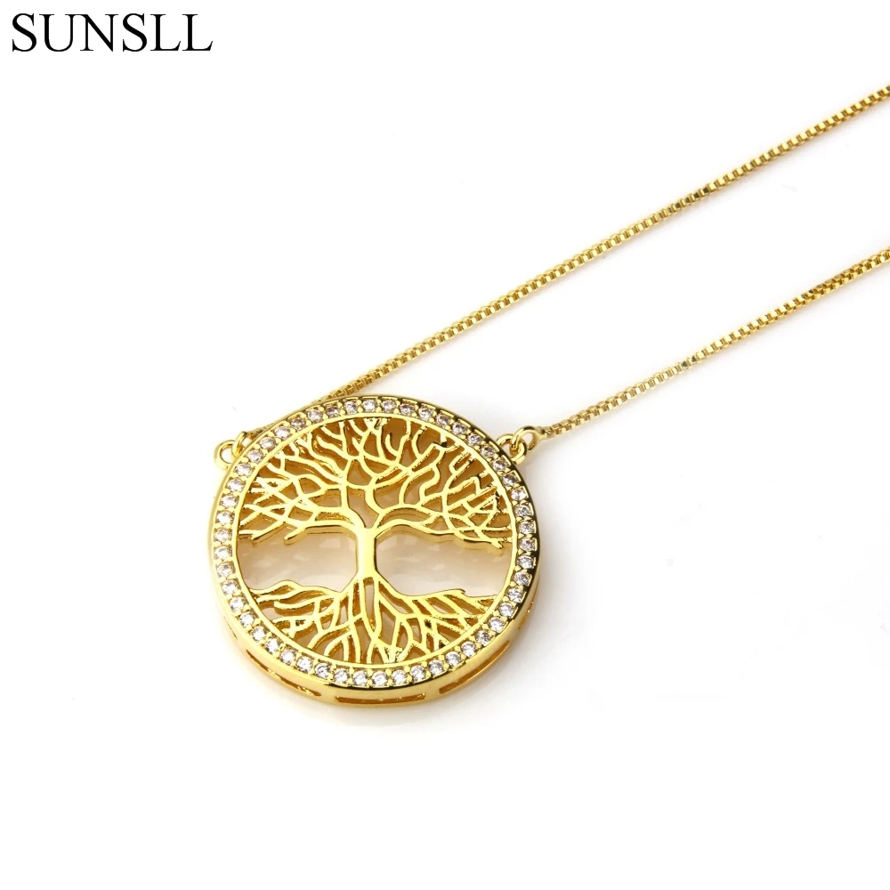 

SUNSLL Gold Color Copper White Cubic Zirconia Life Tree Round Pendant Necklaces Women's Fashion Jewelry CZ Colar Feminina