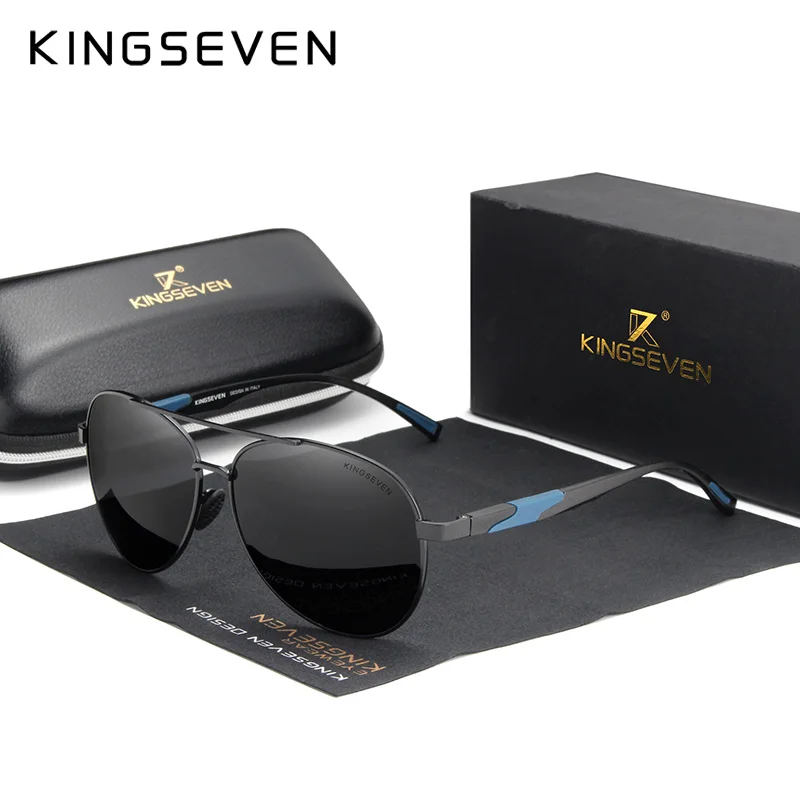 KINGSEVEN, фирменный дизайн, алюминиевые мужские солнцезащитные очки, поляризационные, высокое разрешение, линзы, для вождения, зеркальные, солнцезащитные очки для женщин, Gafas De Sol - Цвет линз: Black Gray