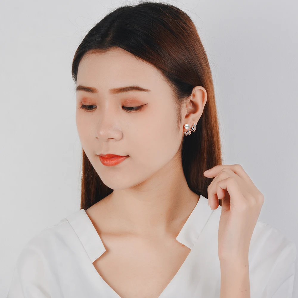 

ModaOne Rose Gold Pearl Butterfly Sterling Silver Stud Earrings For Women Korean Tendy Fashion EarringsAretes De Mujer