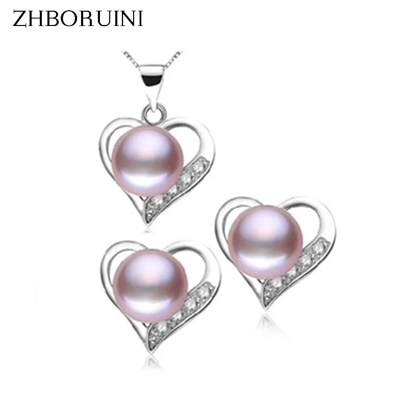ZHBORUINI Fashion Necklace Pearl Jewelry Natural Freshwater Pearl 925 Sterling Silver Jewelry Set Love Pendant For Women Gift