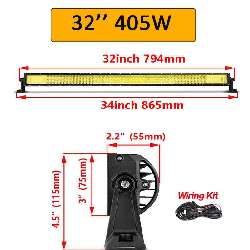 405W with wiring Auxtings 7D желтые светодиоды бар 2" 32" 4" 52" дюймов 12 В 24 в прямой светодиодный свет бар рабочий свет 4x4 грузовик ATV Автомобильная крыша внедорожный - Цвет: 405W with wiring