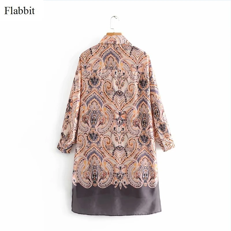 Flabbit Женские винтажные Длинные рукава суд print shirtdress свободные прямые платье дамы