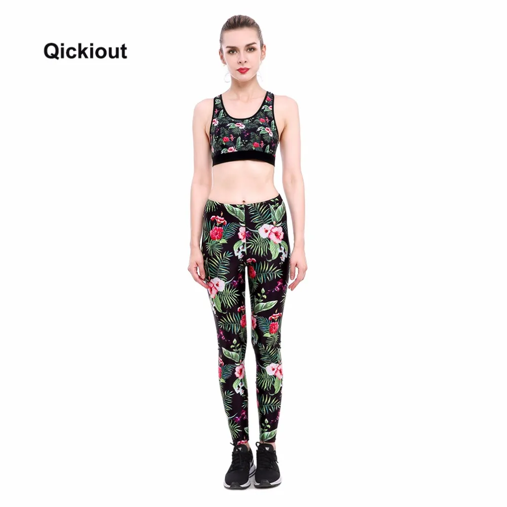 Qickitout New Blue Colorful Flowers Leggings Set Fitness Specials Quick-drying trousers Women Basic sportswear Long Pants | Женская