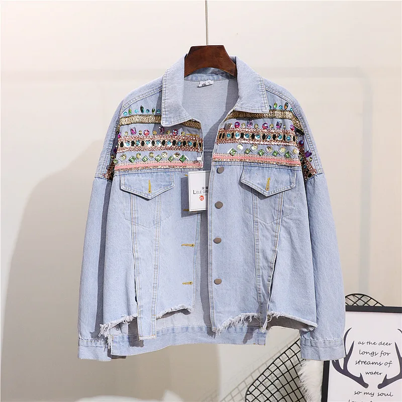 

Jaquetas Feminino Hot Sale Casaco Jeans Jacket Women 2019 New Heavy Work Beaded Rhinestone Embroidered Lapel Long-sleeved Woman
