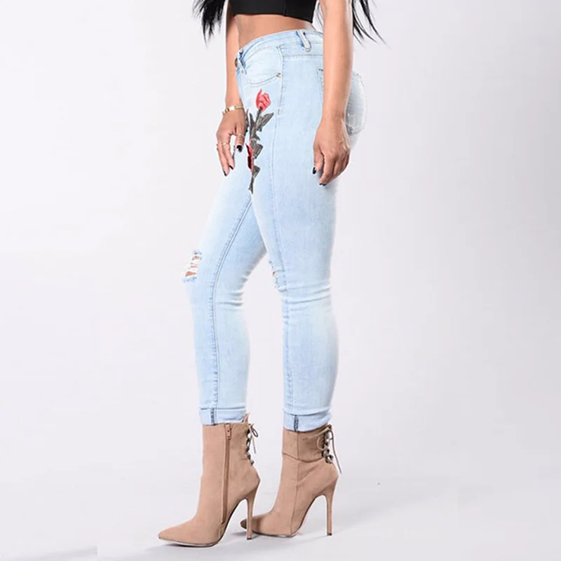 AIDAYOU summer jeans ankle length pants for club beach embroidered holes strengthened women ouc2475 |