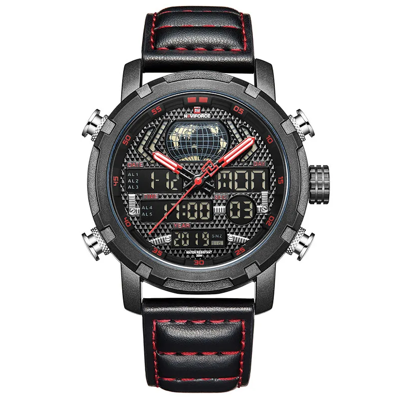Black Red NAVIFORCE, мужские часы, люксовый бренд, военные спортивные часы, мужские, светодиодный, кварцевые, цифровые часы, кожа, армейские, водонепроницаемые, мужские часы - Цвет: Black Red