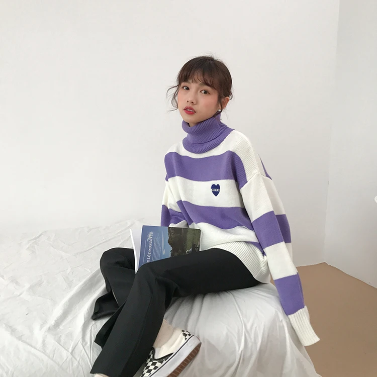 3 colors autumn and winter korean style candy color love stripe knitted turtleneck sweaters womens pullovers (F1348) | Женская одежда