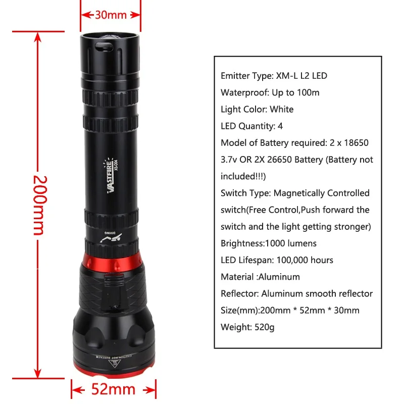 1 Режим Профессиональный Мощный светодиодный водонепроницаемый Дайвинг фонарик