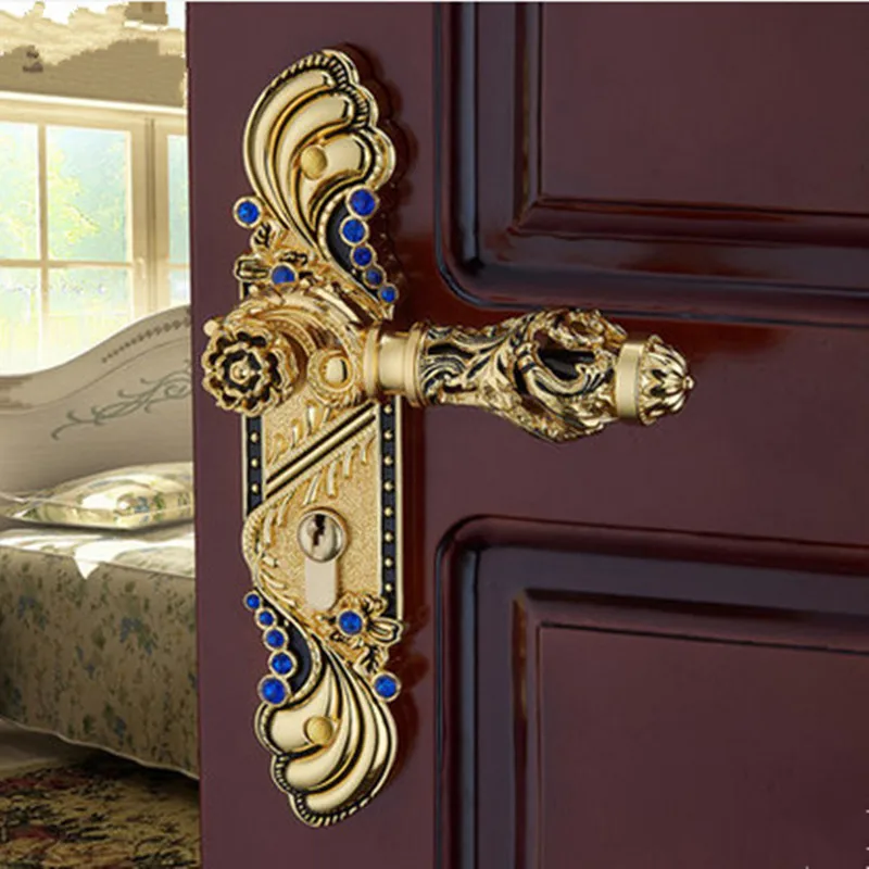 

Euro antique style luxury crystal archaize bed room handle lock Gold diamond wood door lock 2 latchs indoor handle lock