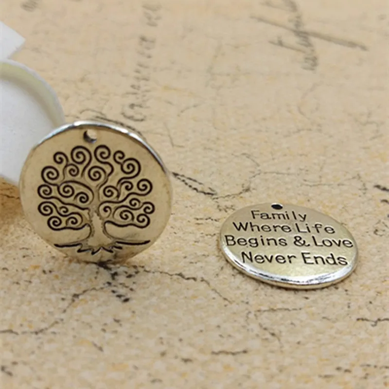 

High Quality 10 Pieces/Lot 20mm Diameter Family Where Life Begins And Love Never Ends Tree Of Life Charm Pendant