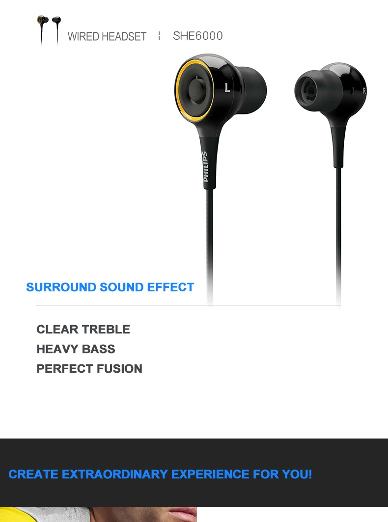 Philips SHE6000 спортивная Гарнитура наушники-вкладыши для бега с басами стерео длина кабеля 1,2 м для huawei Xiaomi Galaxy с бесплатным подарком