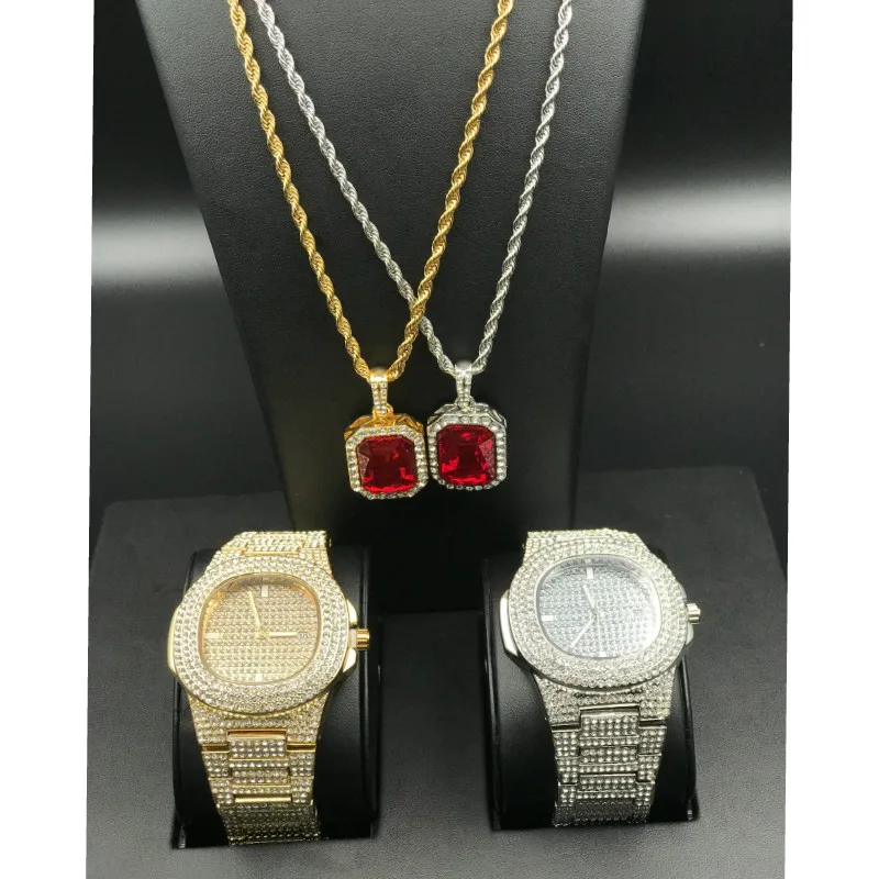 Роскошные мужские часы и ожерелье золотого серебряного цвета комплект из