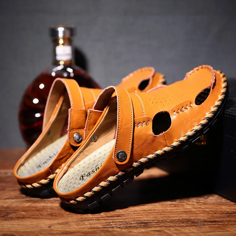 

OUDINIAO Mens Shoes Cow Split Leather Men Sandals Summer Slipper Men Shoes Beach Breathable Gladiator Slip On Sandals Men