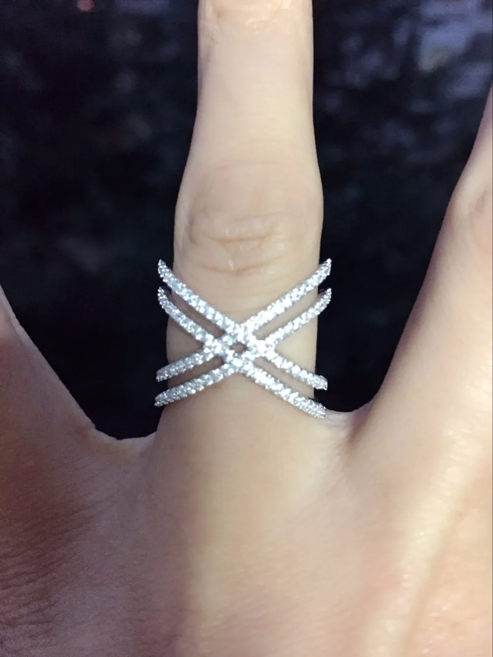 

100% pure 925 sterling silver women finger rings,fine micro pave cz bling double criss cross X ring