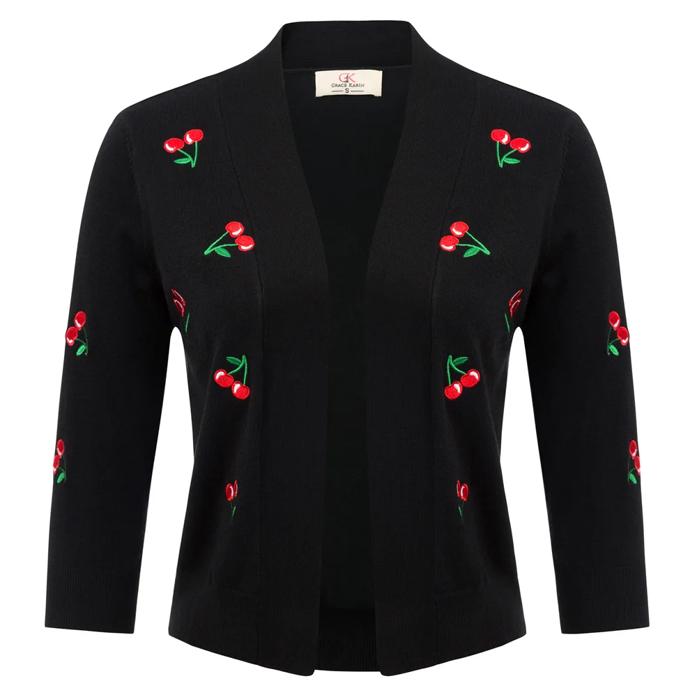 Ladies Cardigan 3/4 sleeve Knitted Casual Formal Office Party Womens Cropped Embroidery Cherries print Fashion | Женская одежда