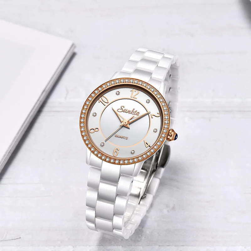 SUNKTA White Ceramic Women Watch Top Brand Luxury Fashion Simple Waterproof Watches women Bracelet Quartz Watch Relogio Feminino enlarge