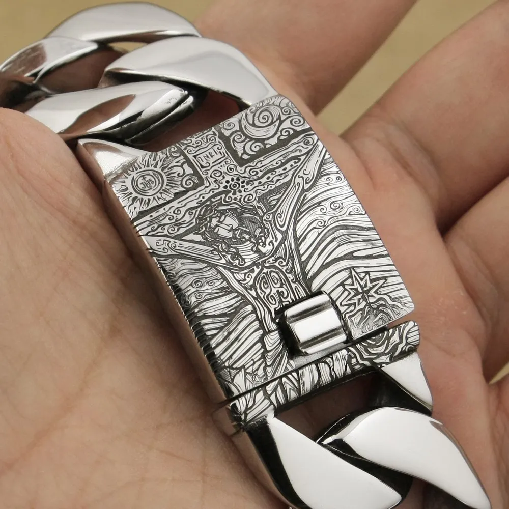Deep Engraved Stainless Steel Jesus Crucifix Cross Mens Biker Bracelet 5D201A|Цепочки и браслеты| |