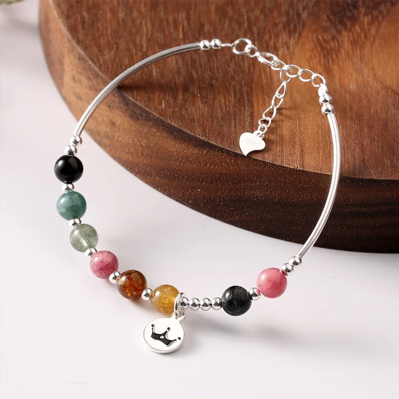Tourmaline Bracelet S925 Pure Silver Original Handmade Water Crown Round Brand Sweet Jewelry with Box | Украшения и аксессуары