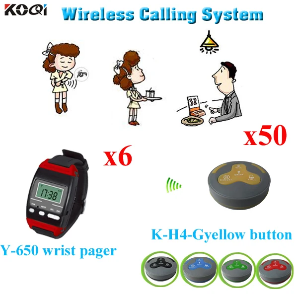 Waiter Caller System Call Waiter 6pcs Watch Pager Y-650 With 50pcs Restaurant Table Calling Button