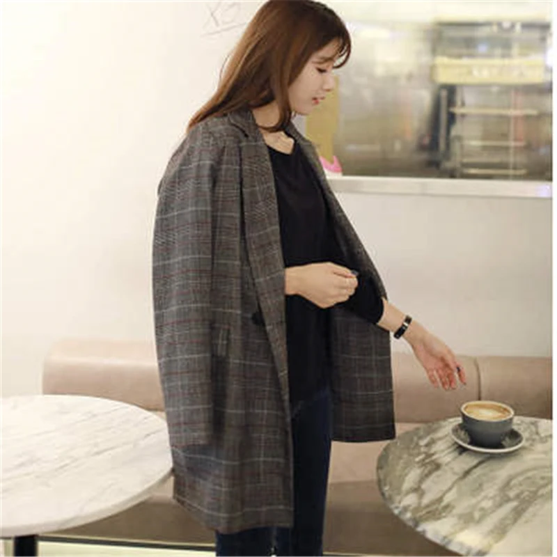Fashion Big size Autumn Winter Women Blazers And Jackets Vintage Long Sleeve Plaid Large Size Female Blazer Pockets Button J743