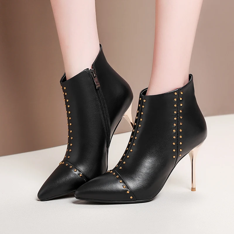 ISNOM Autumn Cow Leather Women Ankle Boots Stud Boot Pointed Toe Party Ladies Shoes High Heels Zip Black Footwear Big Size 32-45 | Обувь