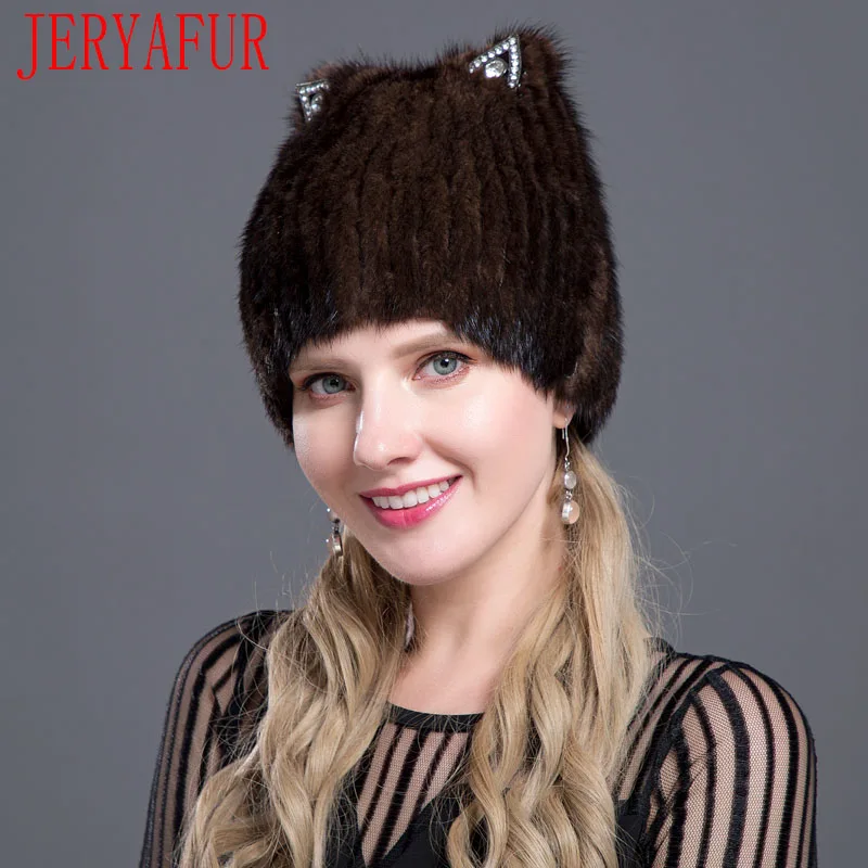 Женская шапка из меха лисы JERYAFUR норки в русском стиле с кошачьими ушками лыжная