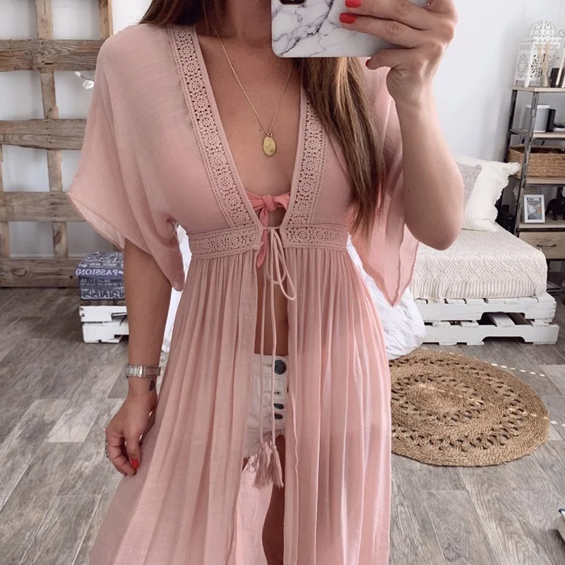 

Summer Short Sleeve Lace Tie Up Long Kimono Cardigan Women White Blouse Kimono Female Tunic Tops Beach Cover Up