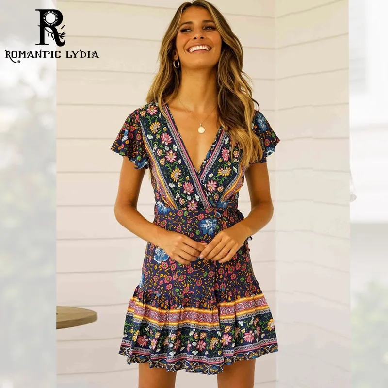 Boho Винтаж Цветочный принт мини-платье Для женщин 2019 Новая мода V шеи платья с