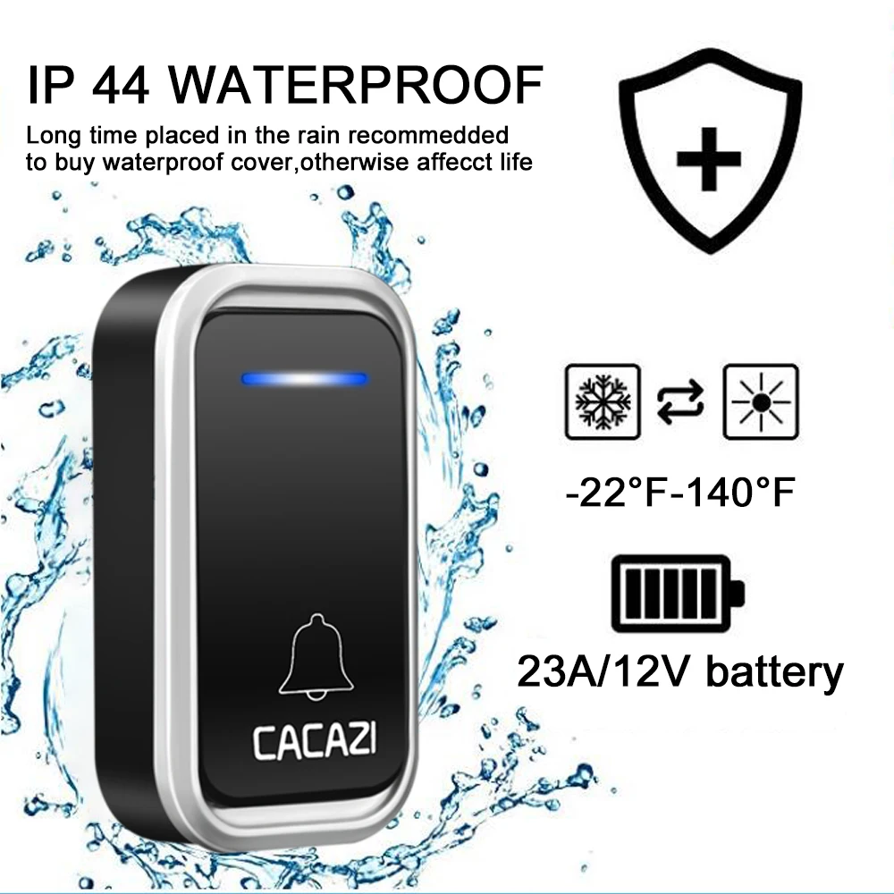 CACAZI Wireless Waterproof Doorbell Smart Remote 300M LED Intelligent Battery Button Calling Door Bell EU Plug 38 Chime 3 Volume |