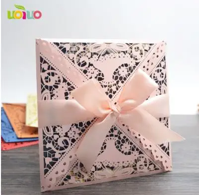 10 шт Свадебные Пригласительные открытки с лентой на заказ, без вставки, без конверта - Цвет: card and tied bow